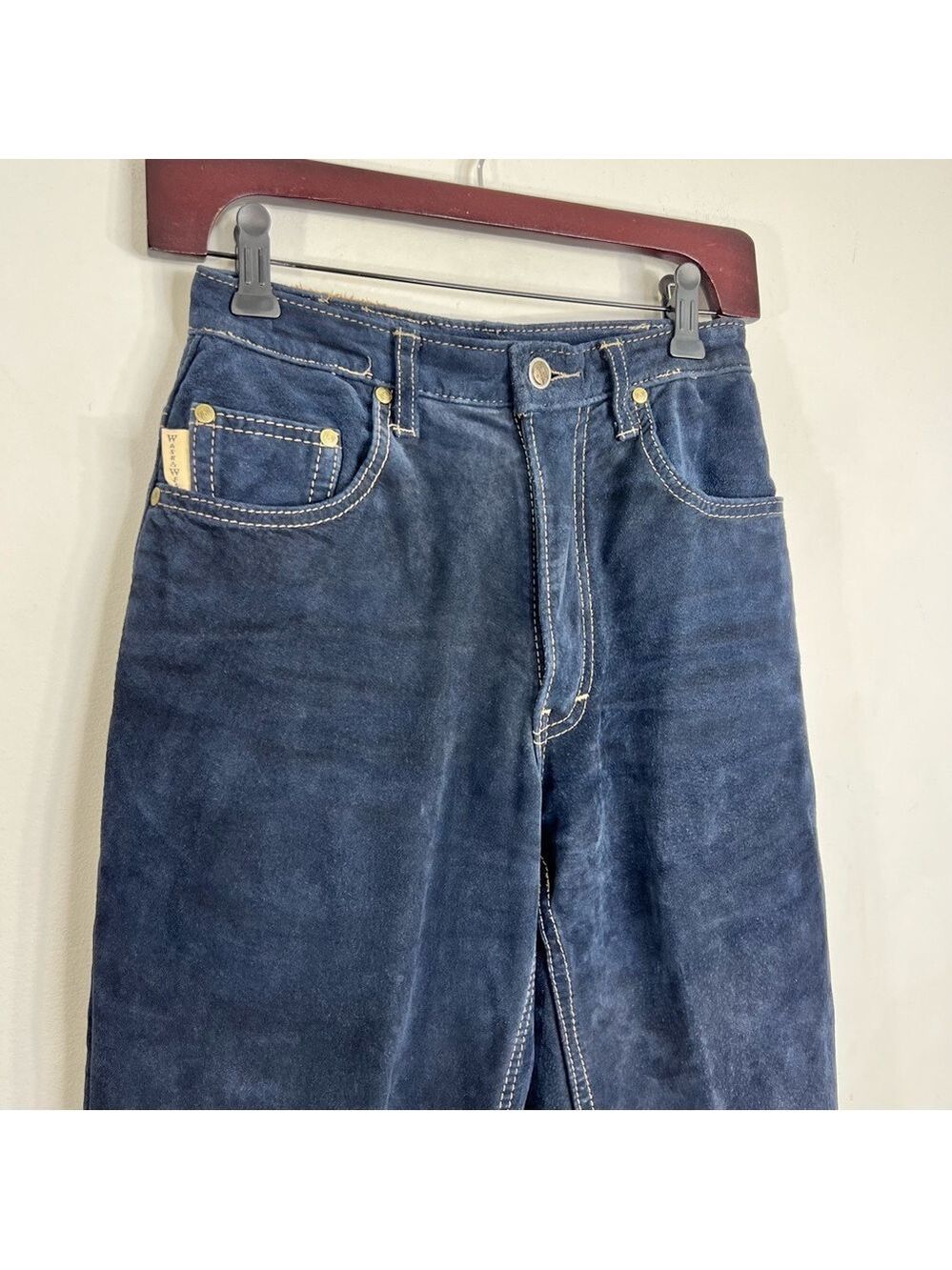 Vintage 80s 90s Wash & Wear genuine suede dark blue high rise slim fit pants 24 - Picture 6 of 15